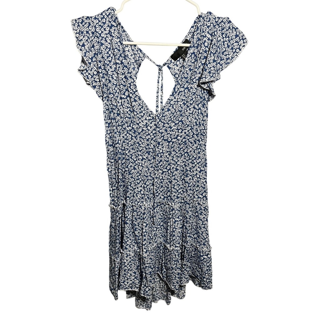 SBETRO Women's Blue White Floral Mini Dress Size‎ M Ruffle Tiered Open Back Tie